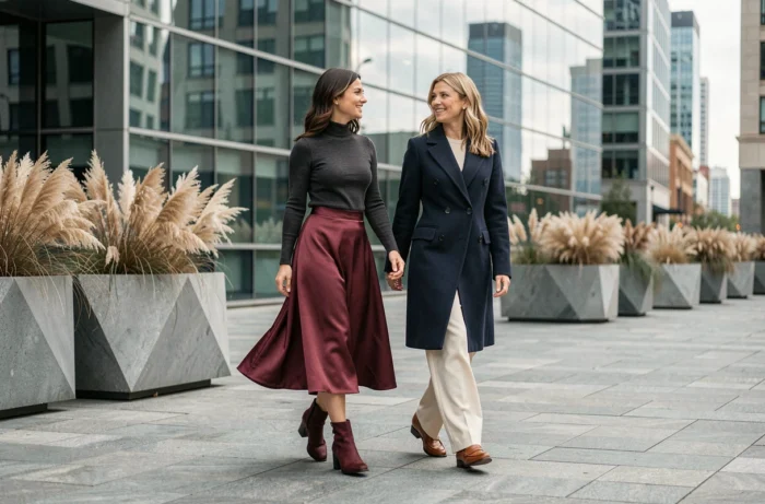 Deux femmes élégantes marchant dans une place urbaine moderne, portant des tenues tendances en jupe satin bordeaux et manteau peacoat marine, style mode saison