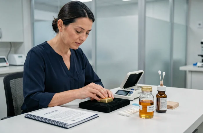 Experte en métaux précieux effectuant un test acide sur un lingot d'or pour vérifier l'authenticité du poinçon
