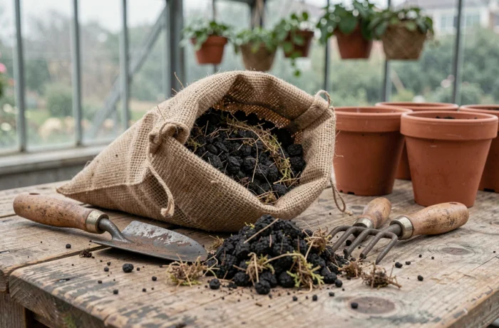 Gros plan d'un sac de tourbe et d'outils de jardinage sur un établi en bois dans une serre