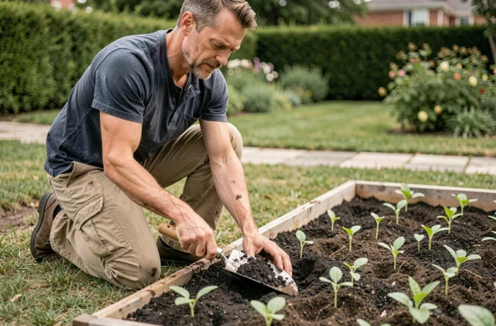 Homme mélangeant de la tourbe dans un potager pour améliorer la qualité du sol