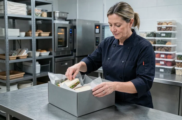 Traiteur emballant des sandwichs dans du papier paraffiné alimentaire pour une livraison en cuisine professionnelle
