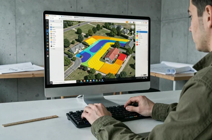 Mains d'un professionnel utilisant la simulation d'ensoleillement Google Earth sur un grand écran dans un studio d'architecture