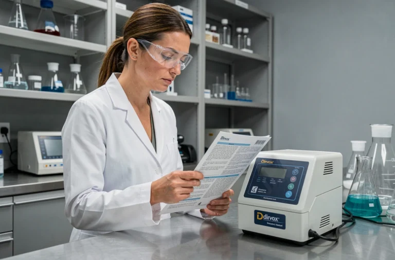 Femme portant des lunettes de protection lisant attentivement la notice d'utilisation d'un produit Dirvox dans un laboratoire professionnel