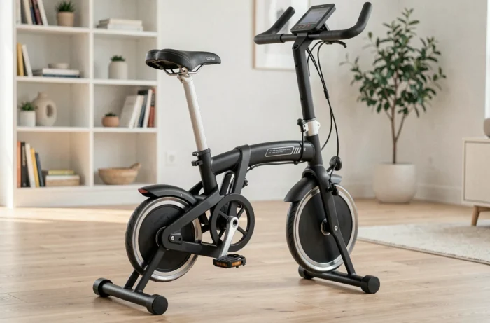 Vélo d'appartement f bike Ultrasport 400BS en position pliée dans un salon moderne avec parquet en bois clair